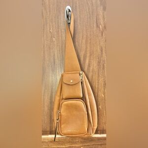 Poppy & Peonies Tan Leather Crossbody Sling Bag